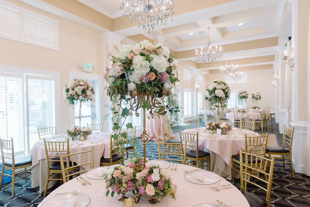 Wedding Reception Tables with Tall Romantic Floral Centerpieces