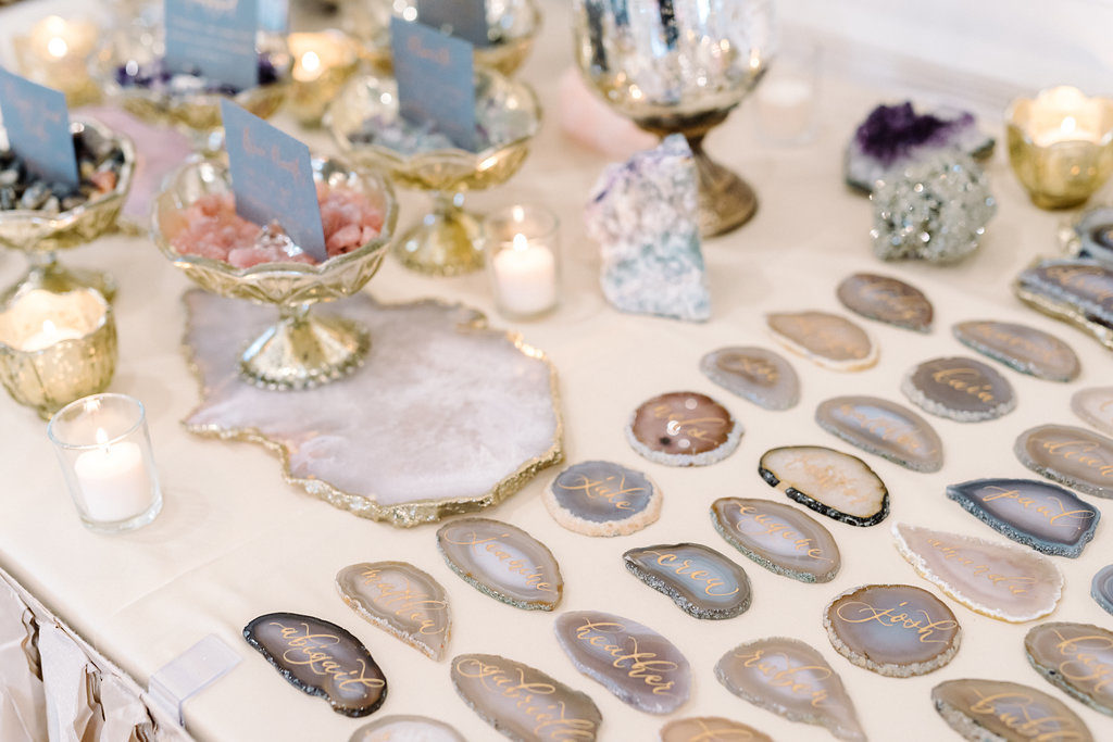 Escort Table with Khaki with hand lettered geodes