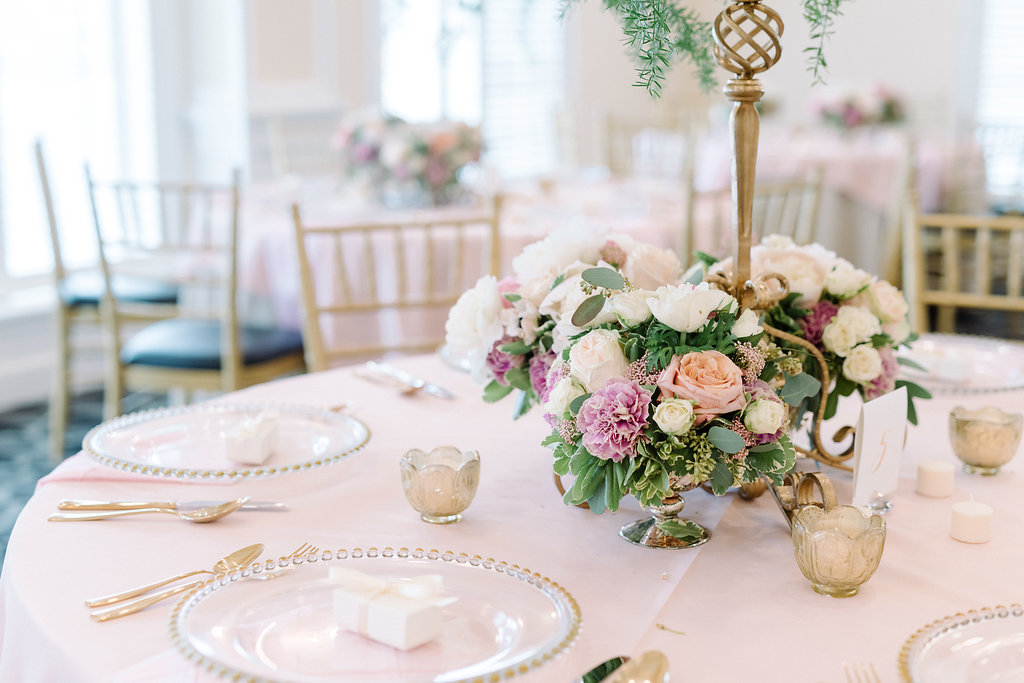 Wedding Reception Table in Blush and Gold with Romantic Floral Arrangements