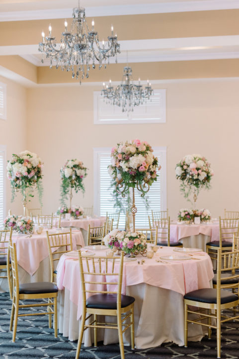 Blush Khaki linens wedding Majestic Inn and Spa Ballroom tall florals Flowers by Shamay photography by Suzanne Rothmeyer